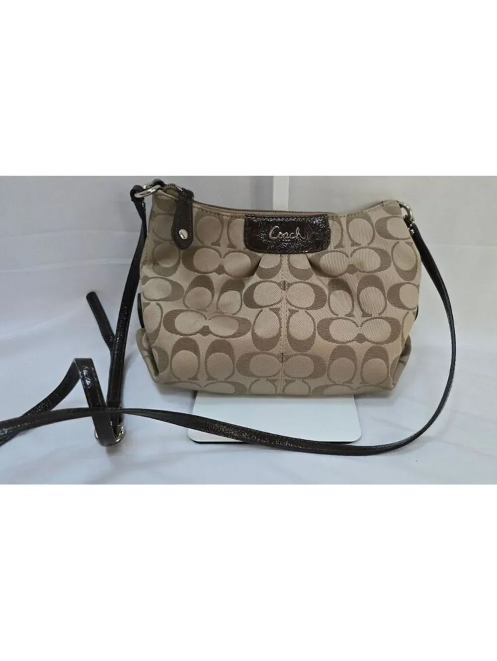Coach Dotted Optic Signature Jacquard Crossbody Bag Khaki Brown Patent Leather
